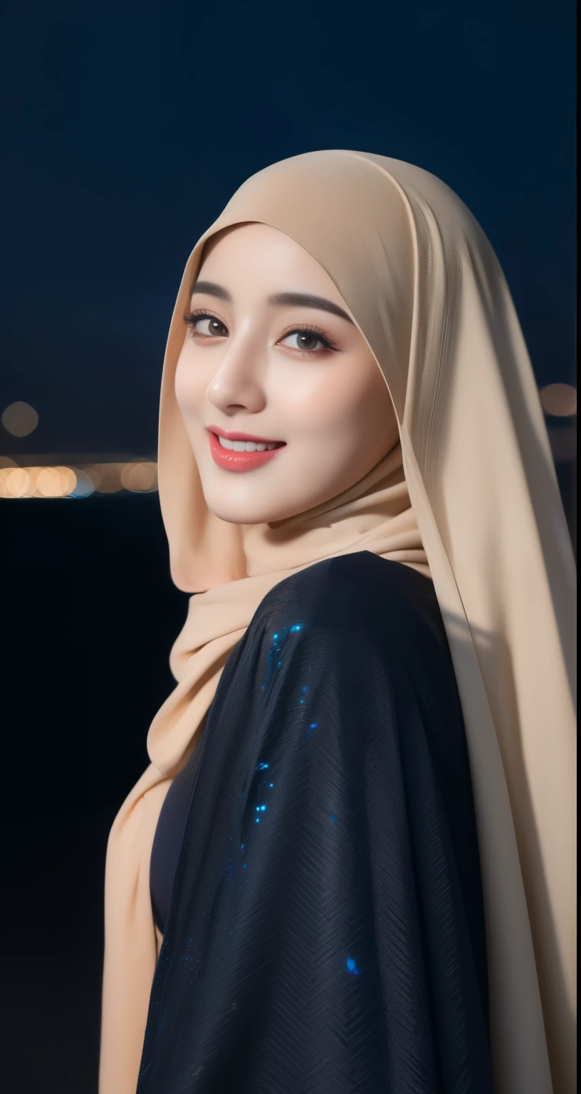 Korean girl, beautiful girl in hijab, 1 girl, perfect face, expressive eyes, makeup, eyeshadow, eyeliner, luxurious hijab, patterned hijab, hijab decoration, brooch, shiny lips, ray tracing, radio city, Anisotropic filtering, 16,000, best quality,mountaineering equipment、laugh、orange sunset, located at the top of the mountain,