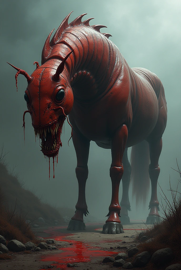 close up of a dark red creature with horse hooves, centipede arms, and owl eyes staring from on a hill in the distance 