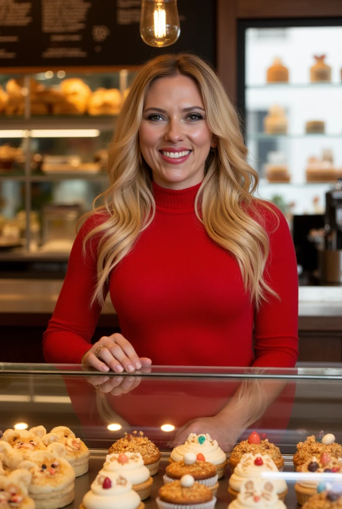 (medium close-up) photograph of (beautiful 28 year old) (sc4rj0:1.2) woman with blonde hair,as a pastry chef,wearing a red turtleneck sweater dress,standing behind the counter of a (New York City bakery:1.1),with (animal shaped pastries in display case),looking at camera,smiling,variety magazine photoshoot, face focus,sharp focus,depth of field,facing viewer,rich details,clear shadows and highlights,realistic,highly detailed,sfw,(no cleavage:1.2),(no midriff:1.2),(no cleft chin:1.1),