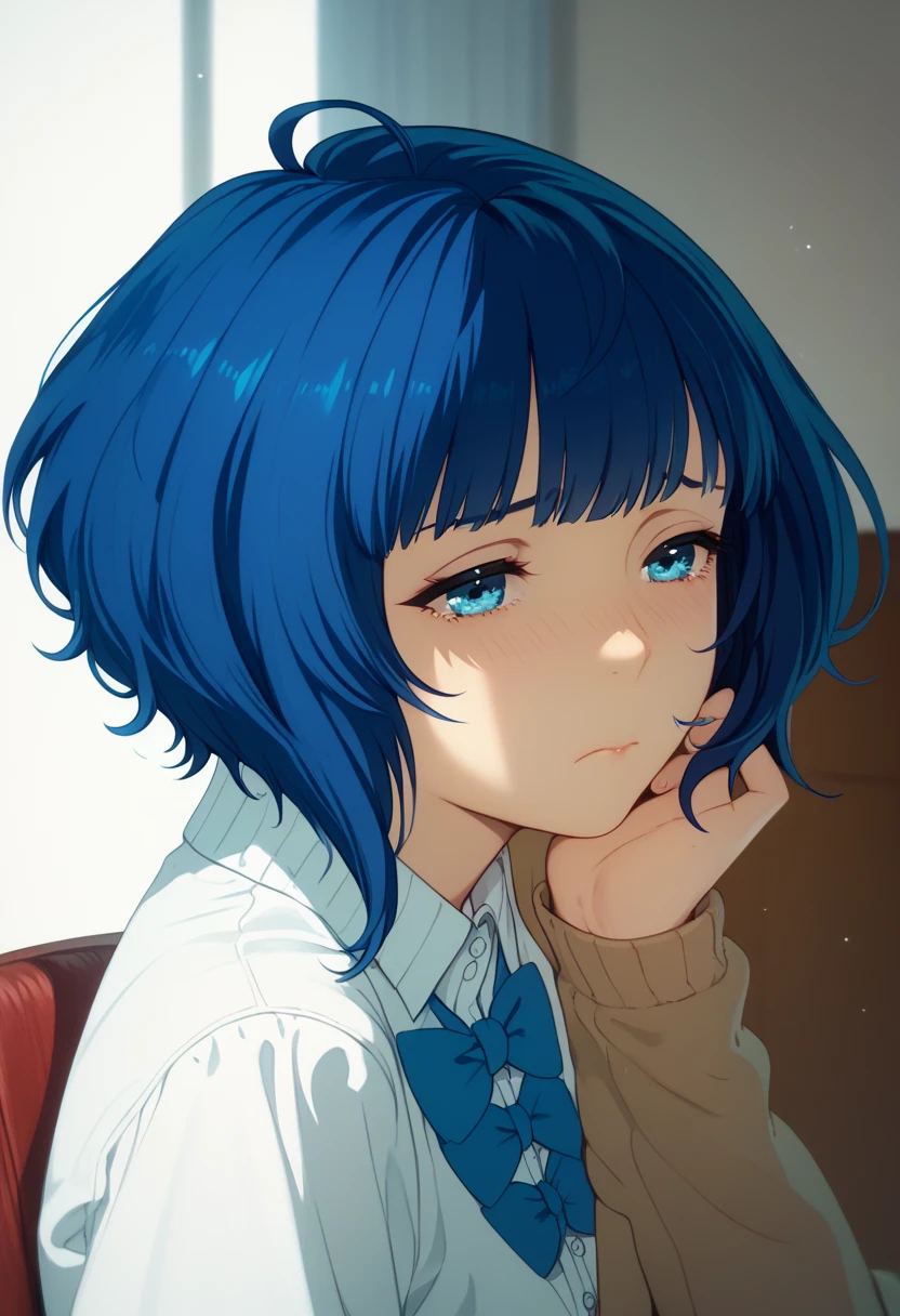 anna, short blue hair,  sad