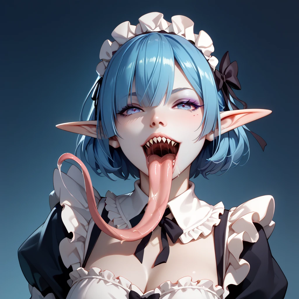 REM,  elf ears ,  sharp teeth ,  maid clothes, looks at me, long tongue,  pale skin,  High-resolution ,  masterpiece fails, Accuracy,  Best quality ,  high quality,  high detail, saliva, makeup, 8K rendering, 