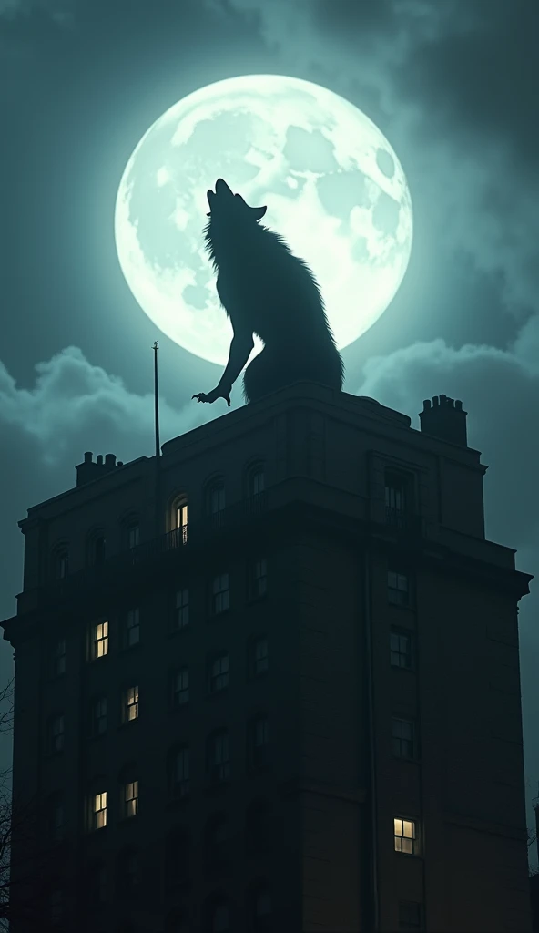 Realistic, theme is "Werewolf", London in the 1800s, "Werewolf" howling at the moon on the roof of a stone apartment building, a large pale moon, a werewolf clawing at the air with both hands, silhouetted against the backlight, a retro beauty, a heartrending scene that conveys the werewolf's sadness, sophisticated design, advanced lighting technology, live-action photo 8K quality