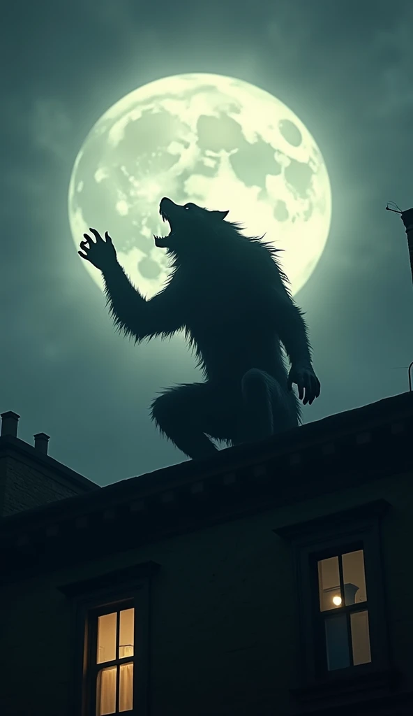 Realistic, theme is "Werewolf", London in the 1800s, "Werewolf" howling at the moon on the roof of a stone apartment building, a large pale moon, a werewolf clawing at the air with both hands, silhouetted against the backlight, a retro beauty, a heartrending scene that conveys the werewolf's sadness, sophisticated design, advanced lighting technology, live-action photo 8K quality