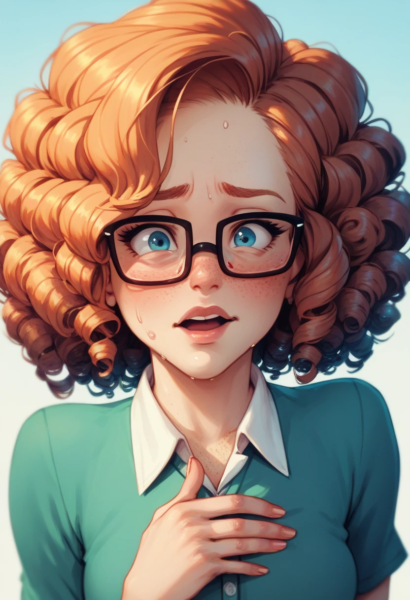 nerdy girl, curly hair, glasses, nervous