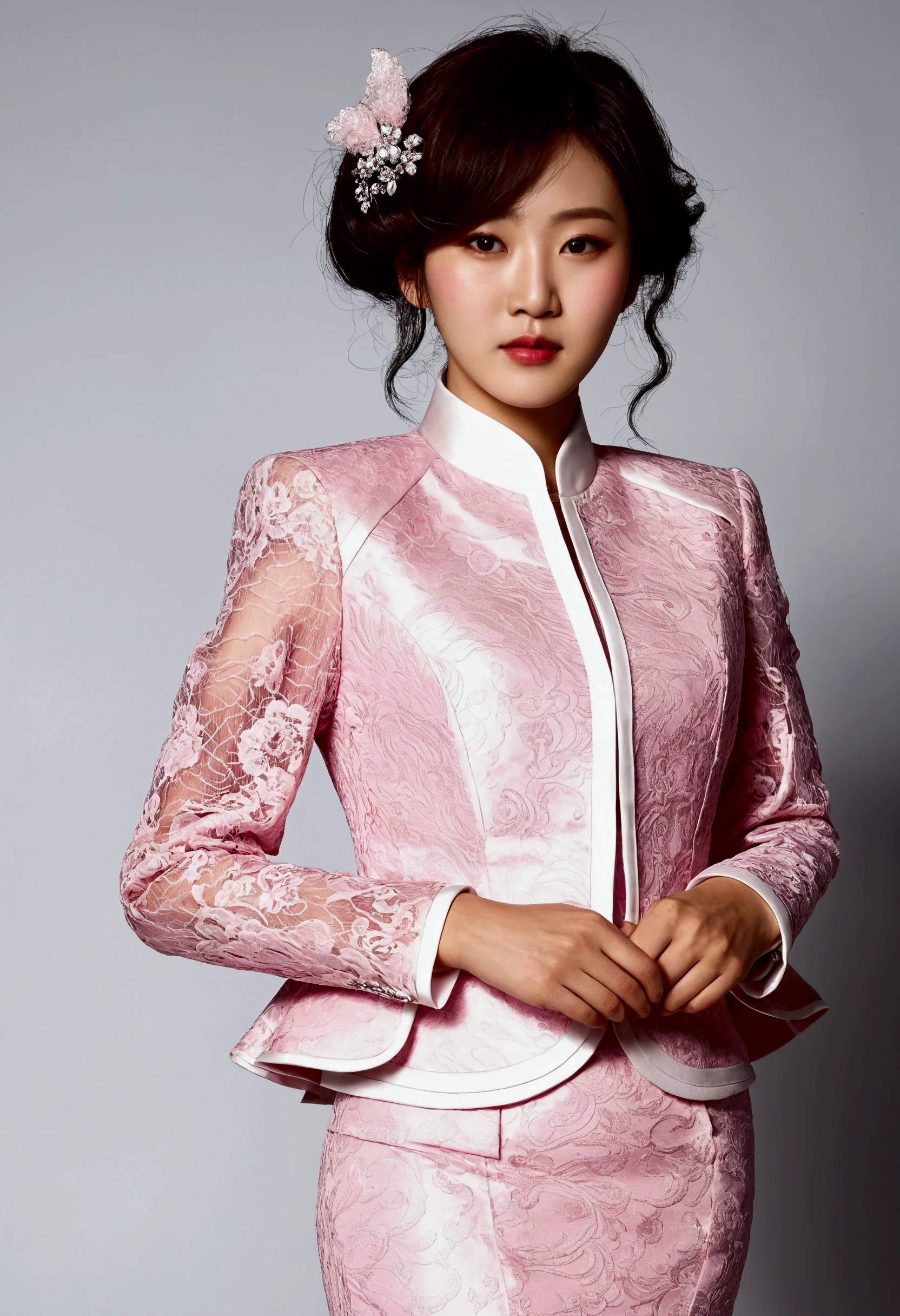 A Korean man is wearing a ladies' skirt suit, a beautiful skirt suit, he is a crossdresser, he has big breasts on his chest like a woman's, his face is very masculine, his hair is masculine short, pink and white, frills and lace. Decoration, lady's dress, two-piece, cropped jacket, small jacket, round neck jacket, China collar jacket, mermaid dress