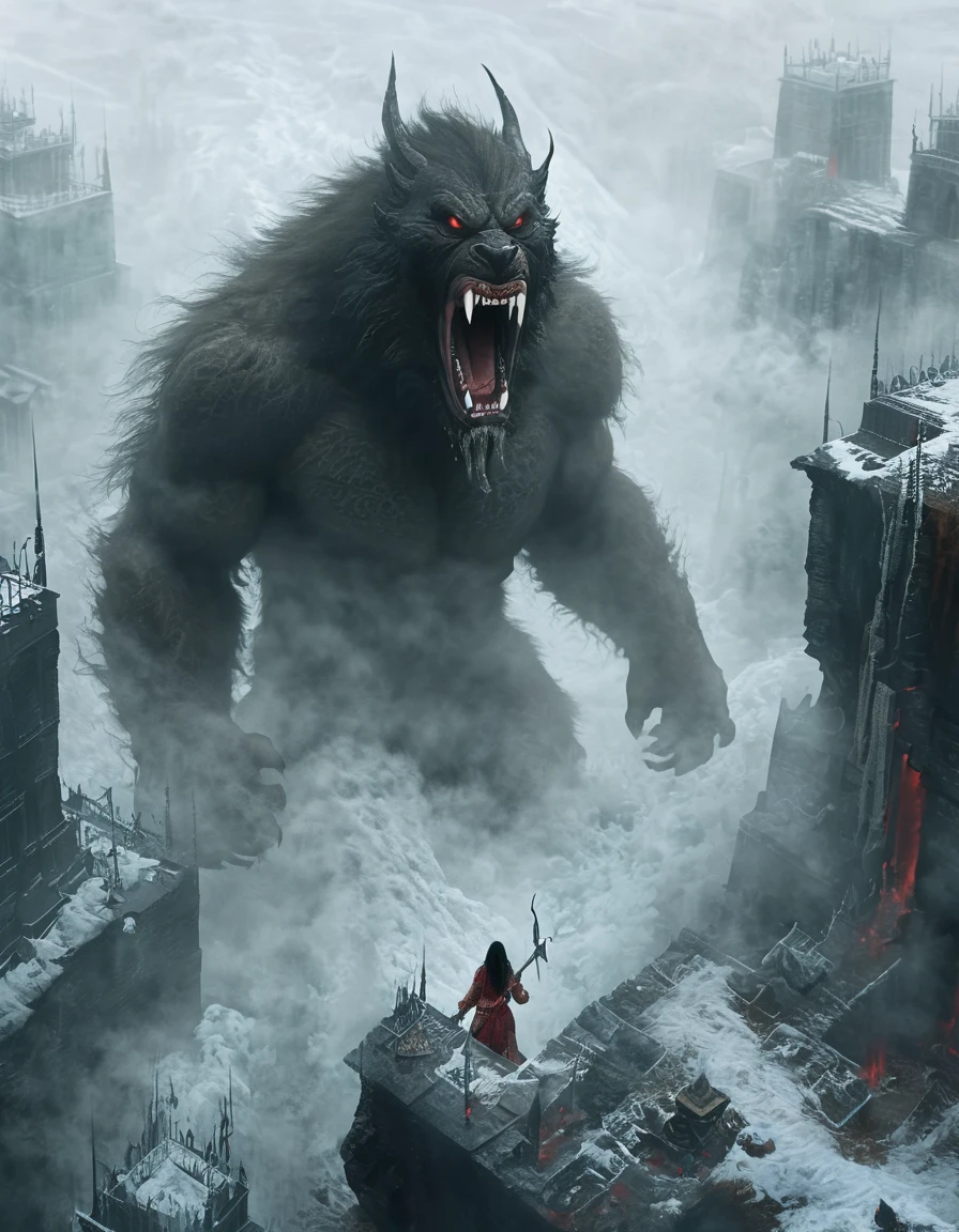 Digital Art, low-key setting, (haze, fog, mist:1.3), Winter spreading across the entire world. Very strong cold. a terror, horror giant monstrous Werewolf, emerging from the smoke, open mouth with teeth from Inuit mythology, a Sentinel woman warrior, wear short traditional wet sarong, and an ancient holy sword in his hand, sensual body in cold, following giants creature footprints in the snow, Folklore illustration,