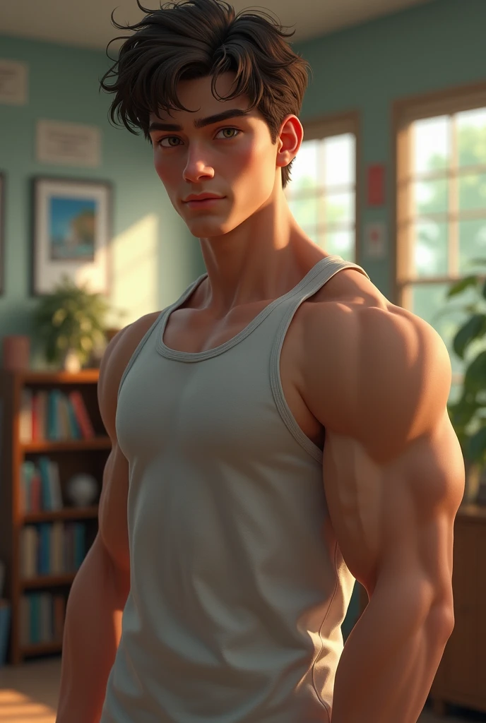 The image shows a young man standing in a room, flexing his biceps with both arms raised in a double biceps pose. He is shirtless, displaying a lean and muscular physique, and is wearing black shorts. The room has pink walls, and there is a green and red border along the ceiling. The background shows a bed with colorful blankets and some scattered items on the table. Light is coming through a window on the left side of the image. The overall setting suggests a casual, home environment. Make a image
