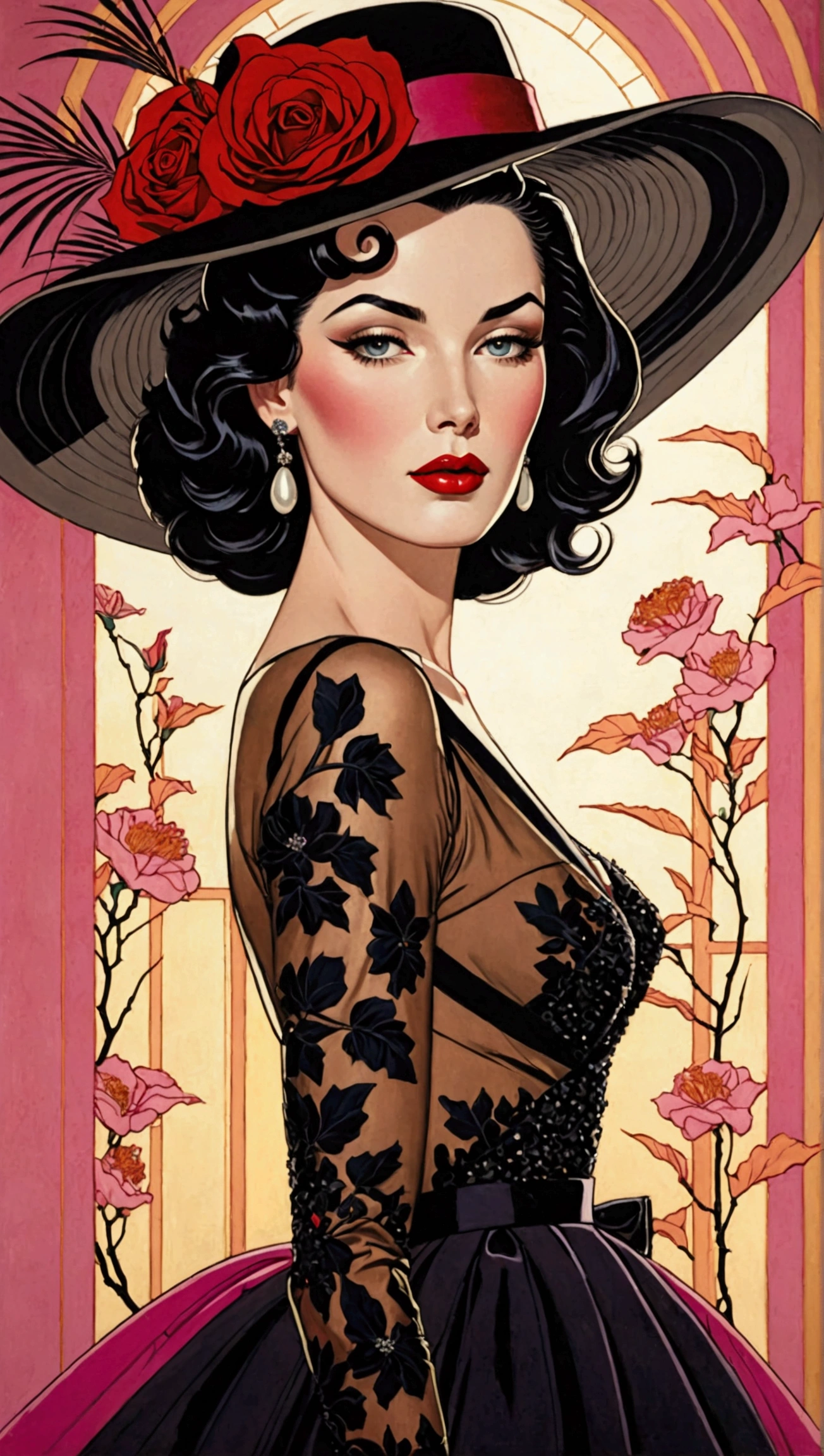 Create a stunning masterpiece depicting a woman in 1950s style, wearing a flowing, very long dress that exudes a dreamy and magical aura. She should have glamorous makeup, including striking red lipstick, and wear a wide-brimmed black hat. The character should embody an ethereal quality reminiscent of Lady Dimitrescu, with a pale complexion that contrasts against a soft colorful background. 

The artwork should reflect the distinctive style of Patrick Nagel, showcasing beautiful, highly detailed painting techniques. Pay special attention to the intricate slopes of the dress, the detailed features of her face, and the captivating depth of her eyes. Capture the essence of a modest model shoot with professional photography quality, blending elements of synthwave and androgyny. The final image should be in 8K resolution, conveying high quality and award-winning artistry, with a focus on short hair that adds to her unique charm.