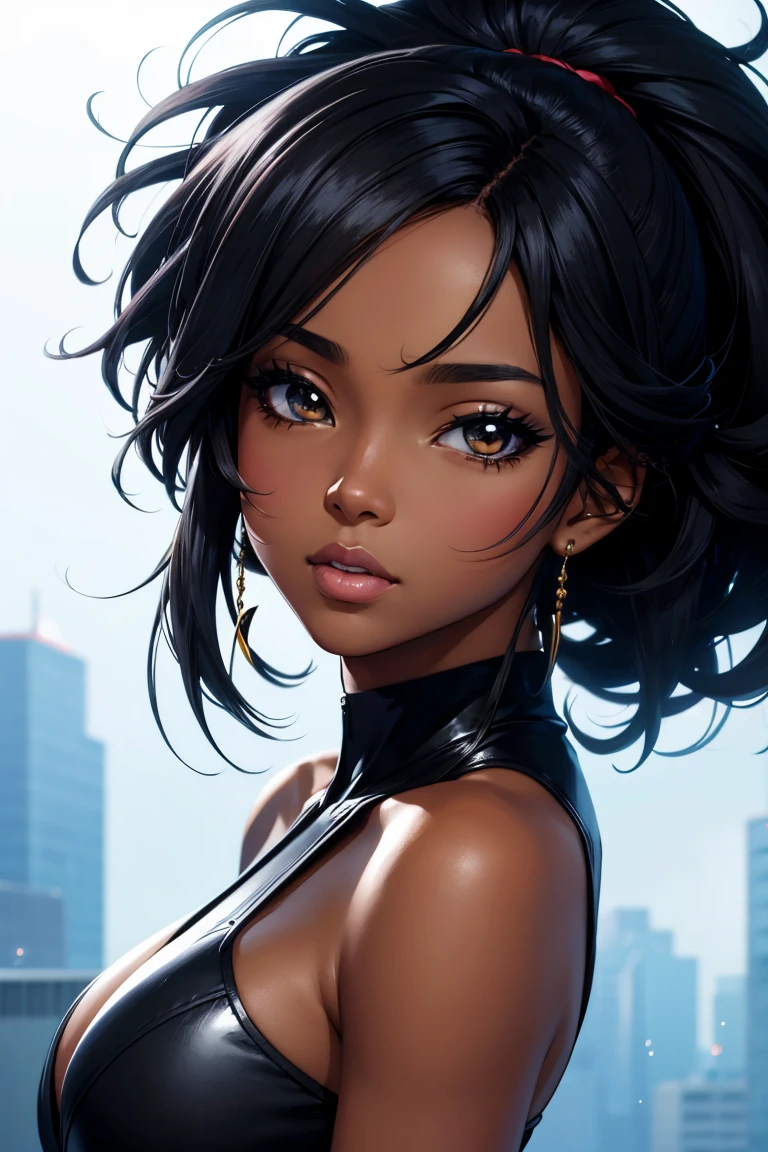 (high resolution, upper body, soft skin:1.2),(best illustration,masterpiece:1.2),ultra-detailed,[(cat ears , black inside:1.2, black ponytail hair, gold eyes, cat eyes, dark skin),vivid colors,sharp focus,studio lighting,bokeh, wearing a WHITE Plunge One Piece Swimsuit, pier at night background, smiling