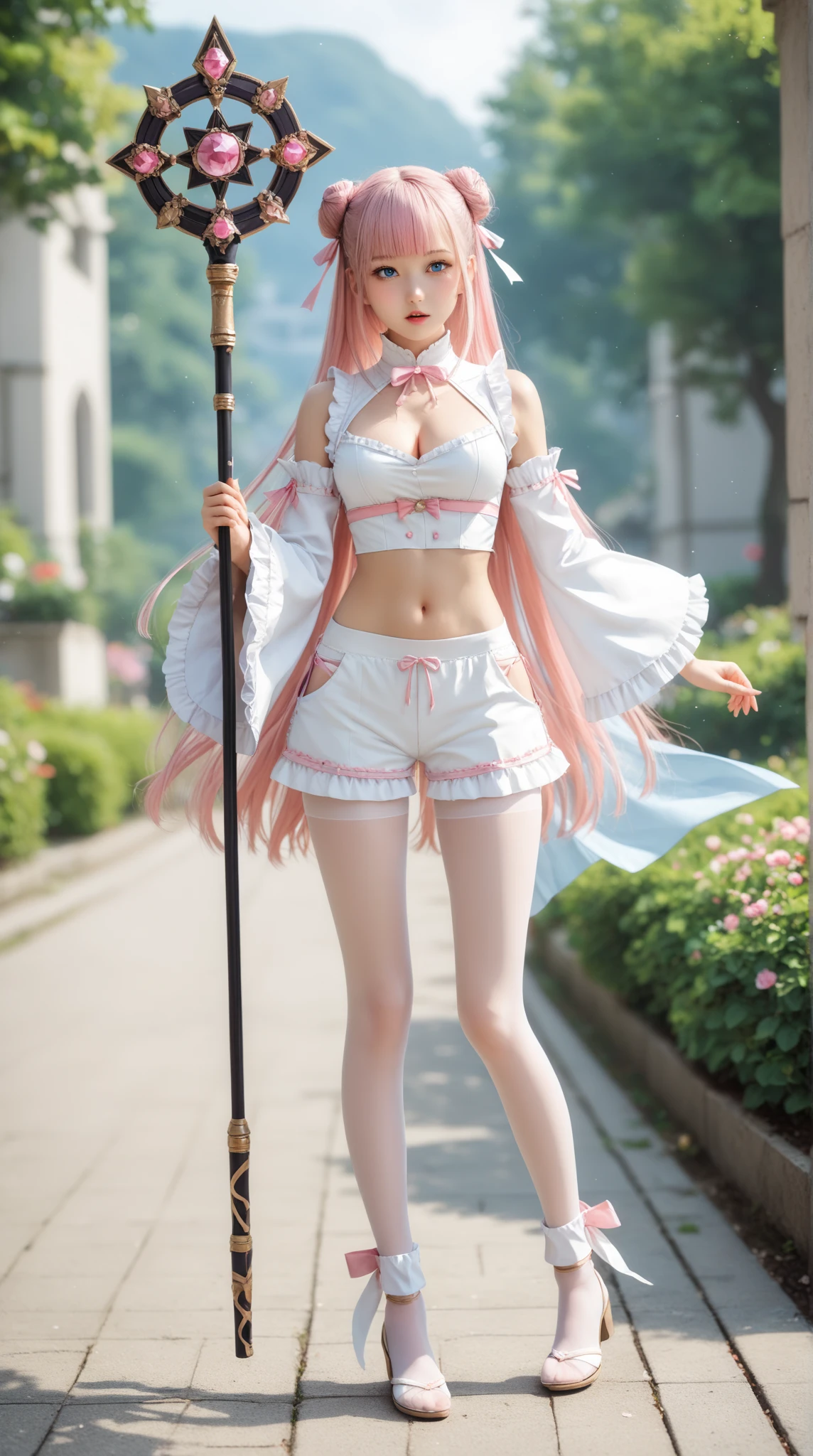 with pink hair,Two small pigtails tied on his head,Hair waist-length,Magic wand in hand,Wearing gorgeous magic costumes,Wearing a mini skirt on the lower body,Long tube white silk,wearing high heels