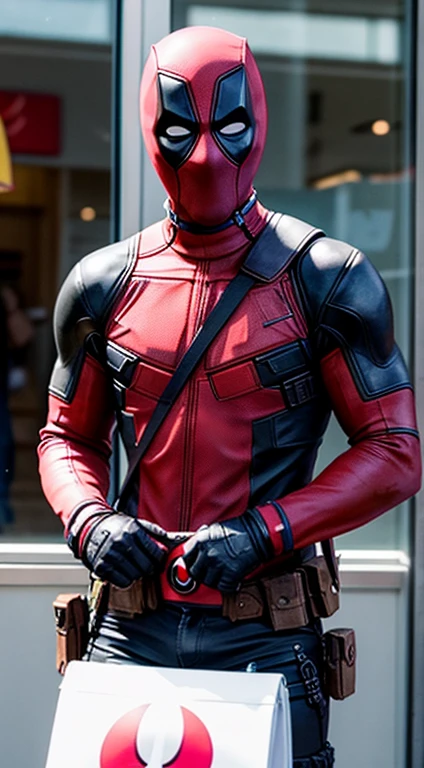 (high quality), (full body shot), (humanoid), white male, medium red dyed hair, brown eyes, perfect muscular-thick body, and biggest chest, and biggest thighs. he wears an deadpool black and red suit.