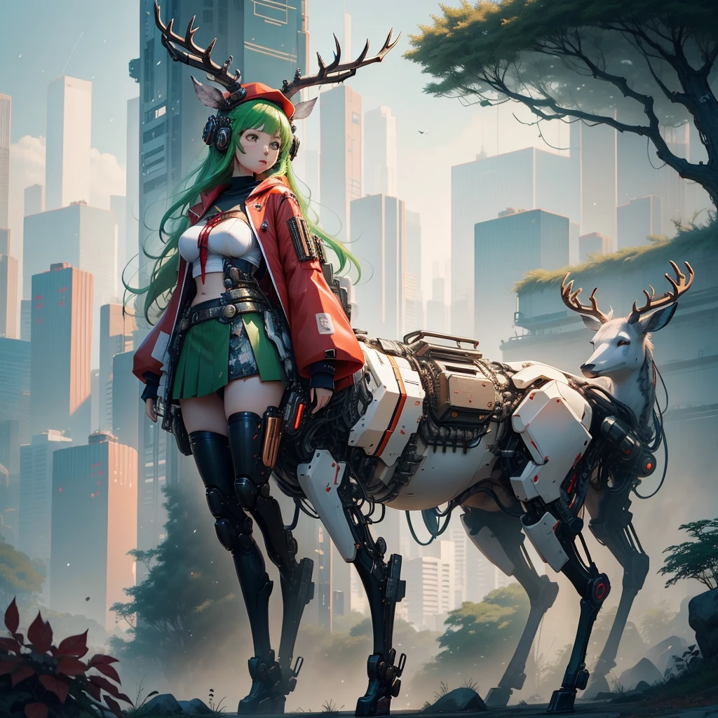 girl and deer , mechanical， cyberpunk， Japanese Anime,  giant antler ,  medium chest, Christmas gift , String, silk,  cute, whole body, melting,  red and green hair, Santa hat,  curvy body ,  skirt, View the scenery,High target,  in high quality , height, whole body,