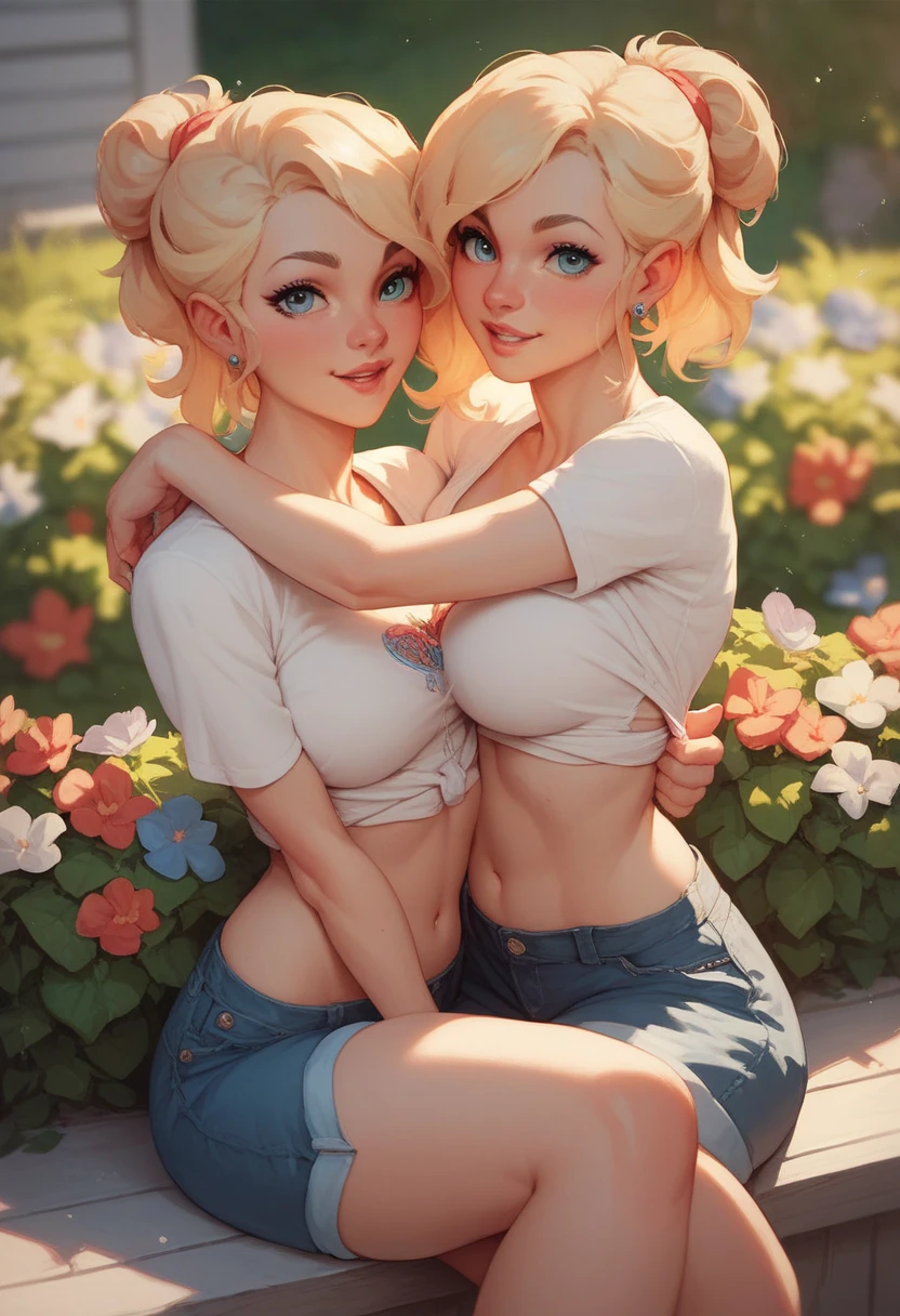 (masterpiece, best quality:1.4), (8K), Young blonde beauty, (((2 girls in love, 18 years old, neat girl))), detailed blue eyes, long eyelashes, blush, kind smile, horny, upper body, topless, small ass, slender thin legs, vagina, pink skirt, (looking at viewer), beautiful blonde hair, white-skinned, bangs, pigtails, squeezing , kissing (medium size breasts), (mushroom forest, celestial forest, beautiful and magnificent pink sunshine, majestic sky), natural light, pastel colors)