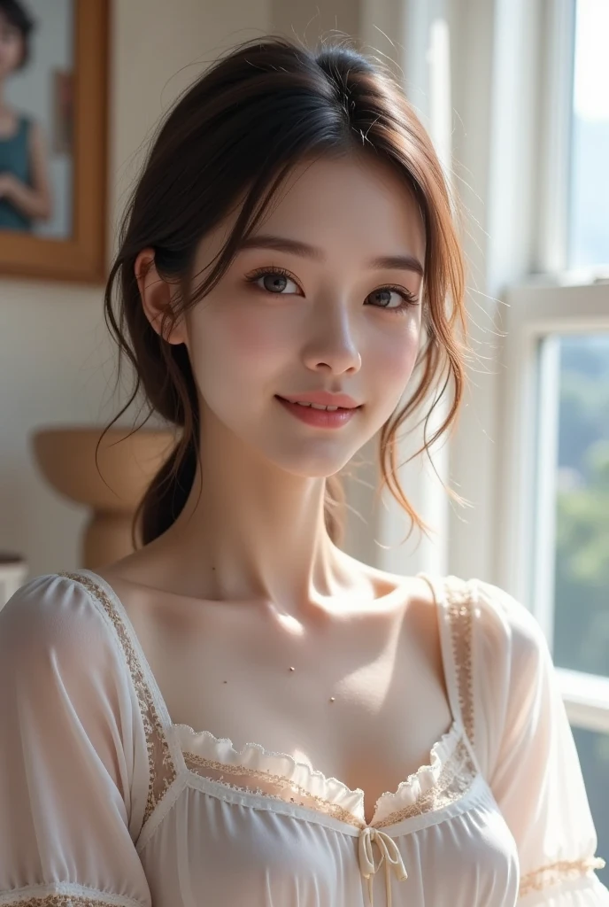 (masterpiece, Best_quality:1.2), 1 Girl,  unique , Nightgown,  detailed facial under panties,  expressive eyes ,  Beautiful lips , Porcelain skin, Exquisite features,   elegant posture  ,  long flowing hair , moonlight,  Tranquil Atmosphere ,  soft lighting , dream, ethereal, Silent color ,  pastel color palette 