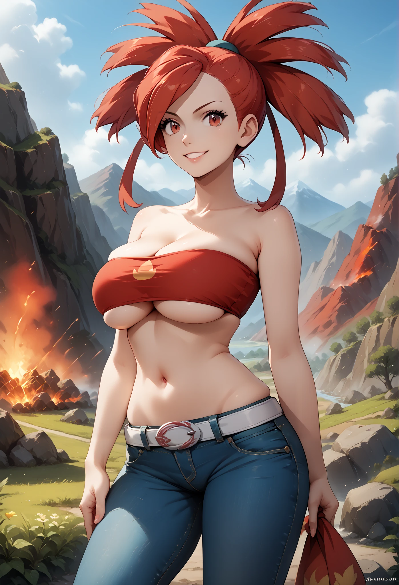 Perfect CG unity 8K UHD wallpaper, Perfect CG unity 8K UHD wallpaper, flannery (pokemon), red hair, red eyes, red tubetop, cleavage, sleeveless, white belt, narrow waist, midriff, navel, denim jeans, lowleg jeans, cowboy shot, outdoors, volcano, huge breasts, smile, skindentation, underboob