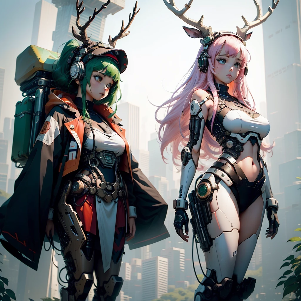 girl and deer , mechanical， cyberpunk， Japanese Anime,  giant antler ,  medium chest, Christmas gift , String, silk,  cute, whole body, melting,  red and green hair, Santa hat,  curvy body ,  skirt, View the scenery,High target,  in high quality , height, whole body,