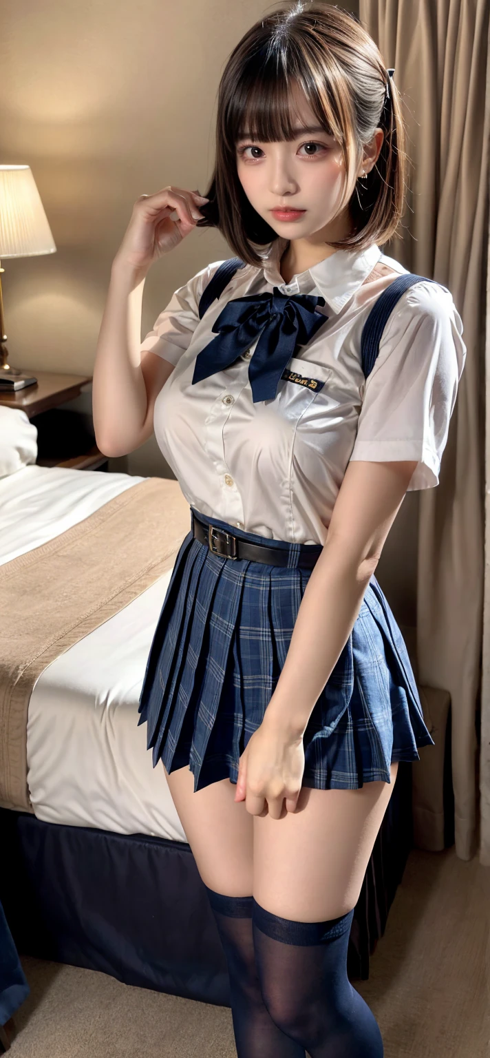 Photorealistic, high resolucion, Soft light, 1female, Solo, ass up, radiant skin, jewellery, school uniformss, White hair, tattooed, shirt, skirt