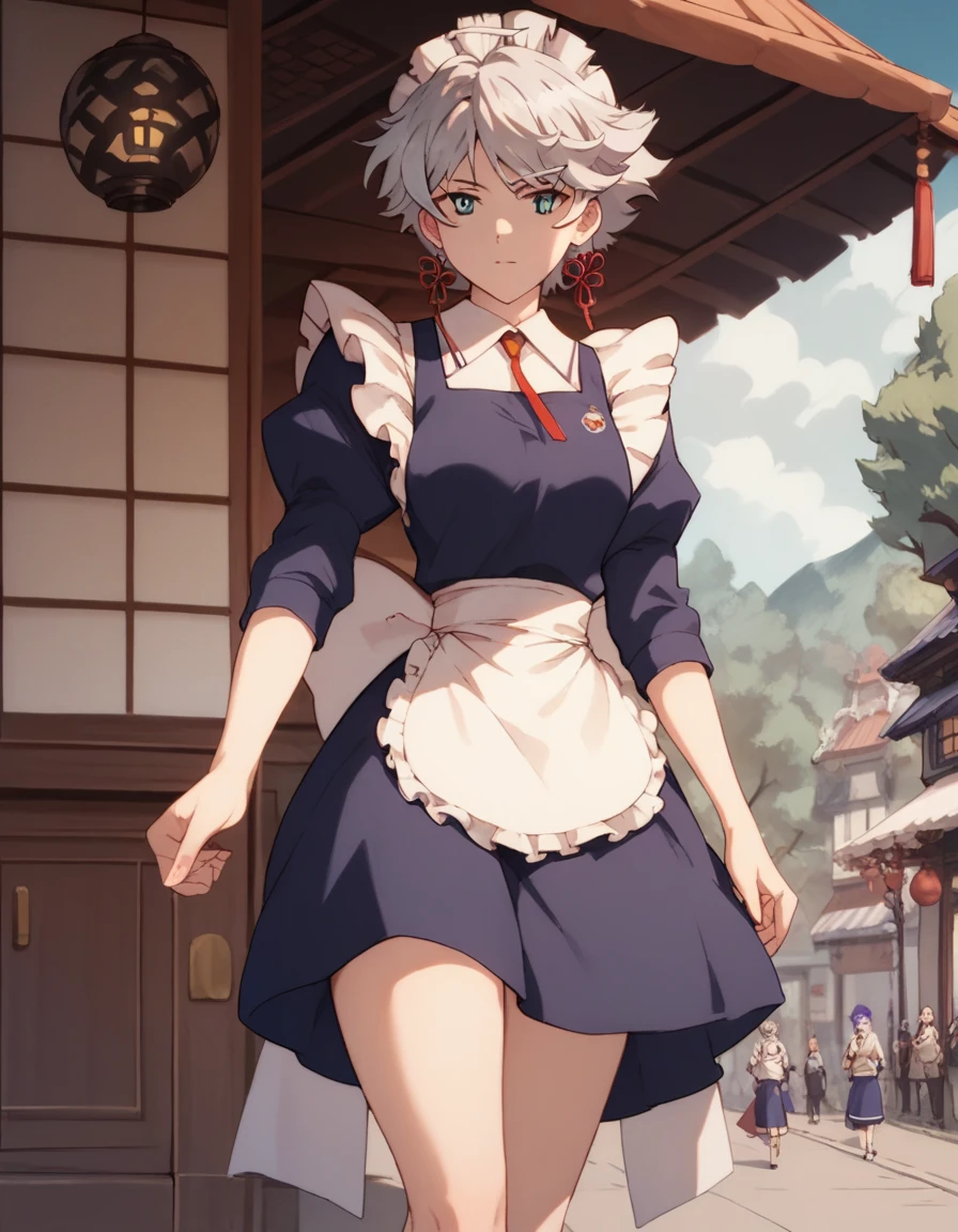  Sixteen Night Sakaki Night （Oriental Project）, anime style, set of maid clothes,Thighs, Silver Hair, blue eyes,Walking in a secluded village 