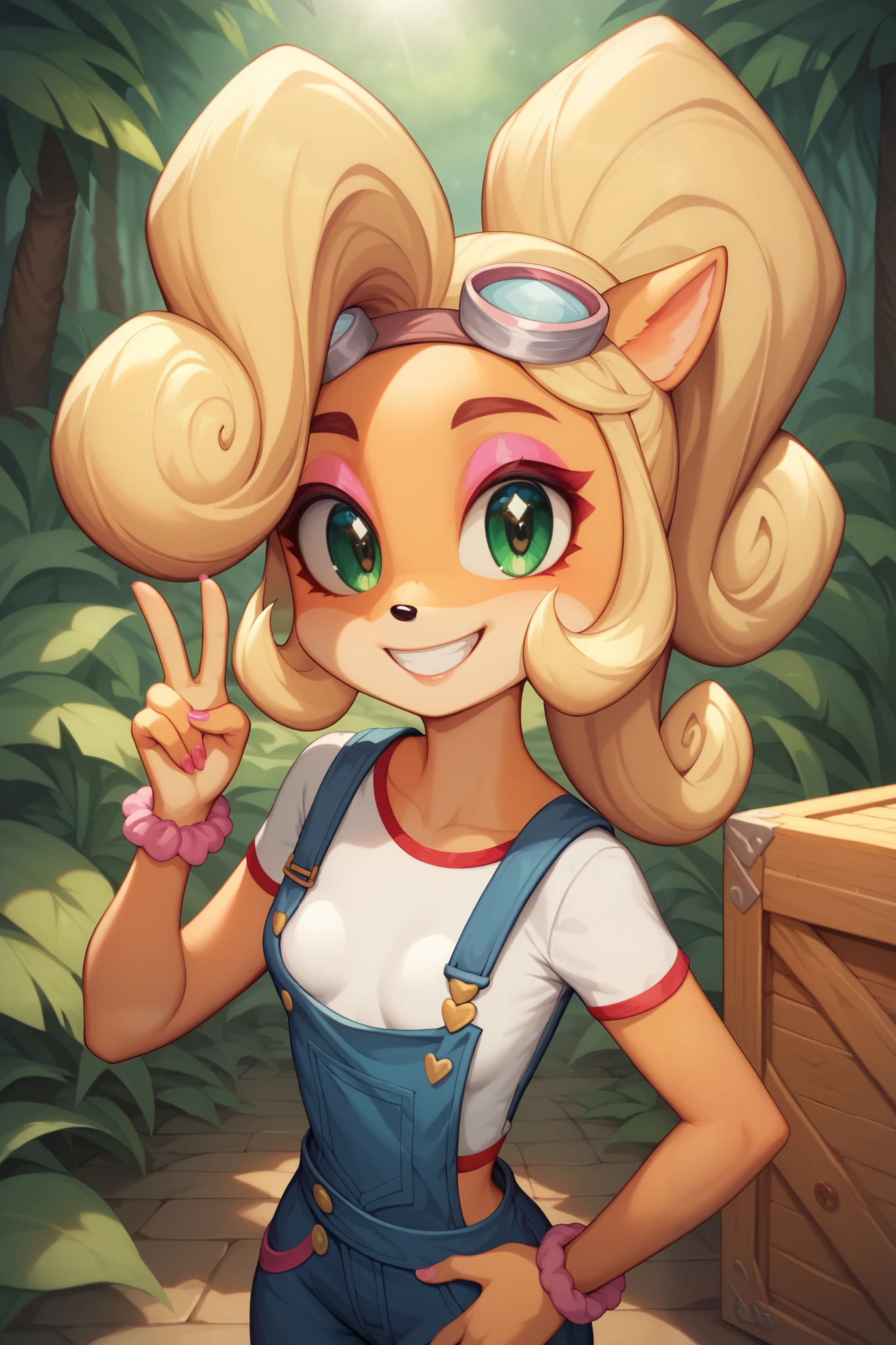 ((Coco bandicoot)), ((masterpiece)), ((cartoon style)), ((rendered art)), ((solo portrait)), ((waist up)), {(slim figure), (eccentuated curves), (small breasts), (orange fur), (black nose), (yellow hair), (curly ponytail), (curly bang), (cute green eyes), (reflection in eyes), (long lashes), (pink eyeshadow), (pink nails), (cute grin)}, {(white tee shirt with red trim), (broken blue overalls), (goggles on head)}, {(hand on hip), (peace sign), (looking at viewer)}, ((tropical forest)), ((crates))