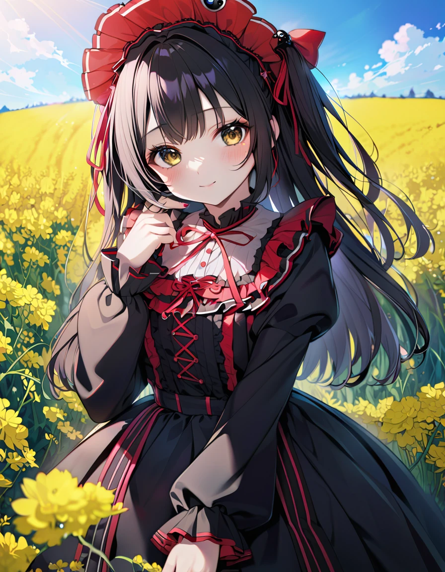 (In 8K, Best Quality, Master Piece: 1.2), Ultra High Resolution,1 girl,solo,16yo,ultra-detailed face,detailed eyes,brown eyes,Mascara,blush,cowboy shot,(cupping hand on a ladybug:1.2),two side up,black hair,(red ribbon-trimmed long sleeves black dress with ladybug Wings:1.3),cute,looking at viewer,smile,depth of field,blue sky,(rape blossom field:1.4)