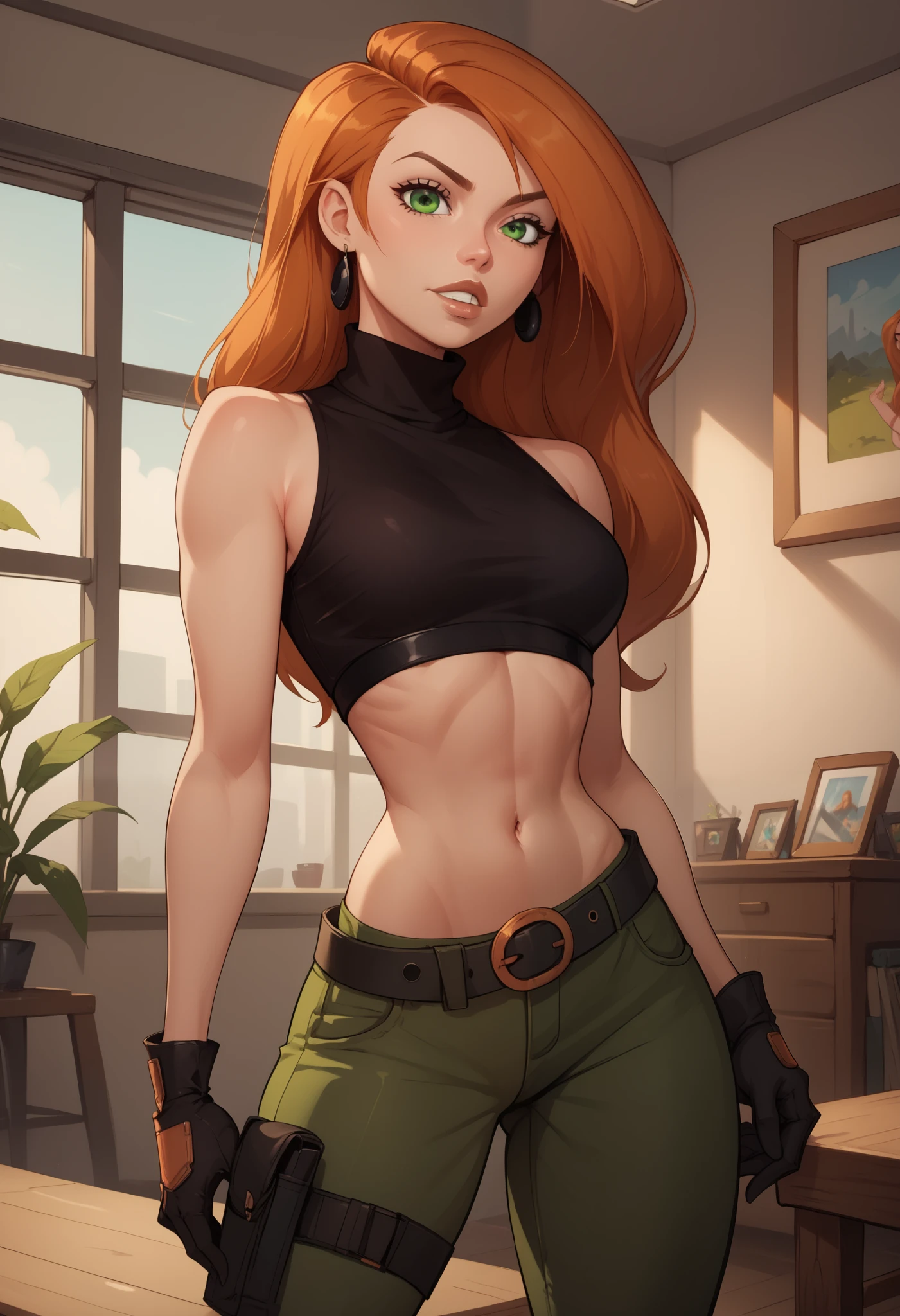  score_9, score_8_up, score_7_up, score_6_up, score_5_up, score_4_up, kim_possible,1girl,solo,long hair,black gloves,navel,green eyes,midriff,belt,green pants,orange hair,black crop top,turtleneck,room,room background,cowboy shot