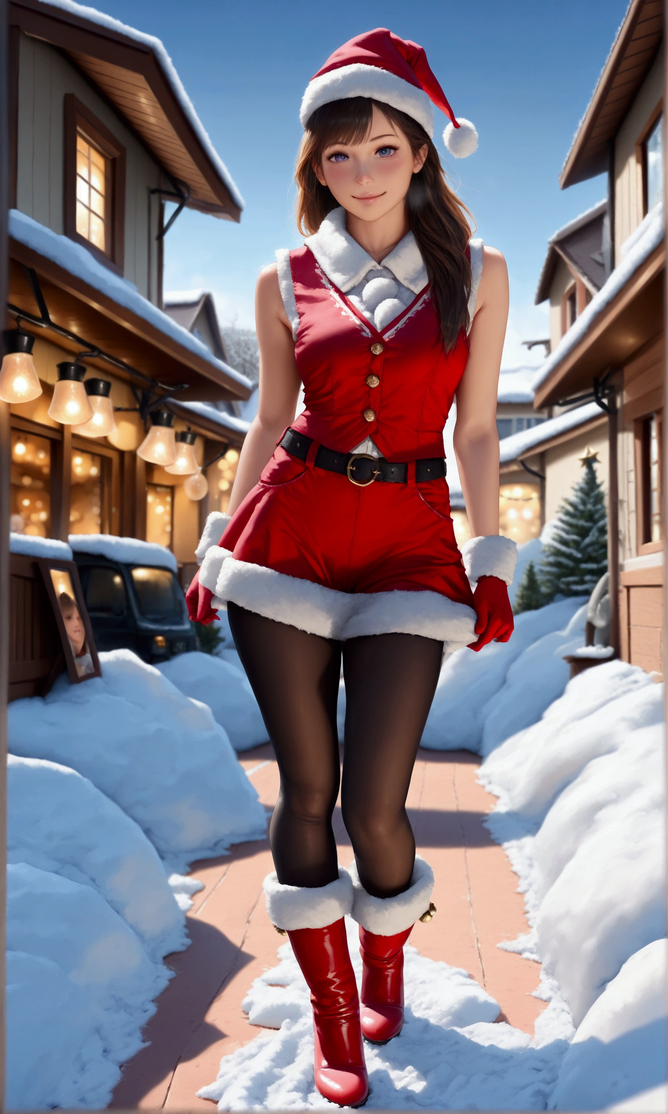 Sexy woman with big breasts athletic body with a nude a red coat Santa Claus hat in front of a house with Christmas decorations ground covered in snow NSFW nude braid hair roses