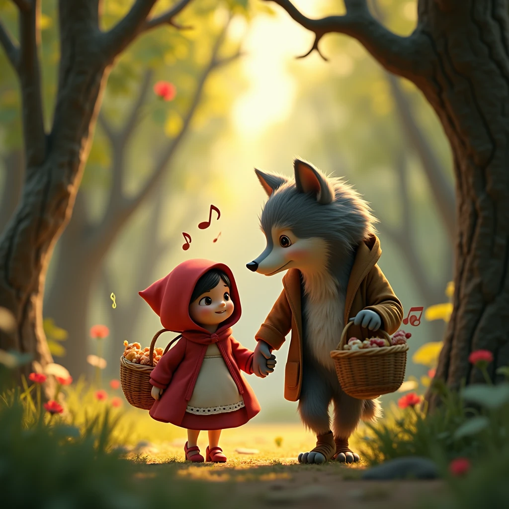 3D animation, theme is "Werewolf". "Werewolf" and "Little Red Riding Hood" are walking together in the forest. Little Red Riding Hood is holding a basket full of delicious food. "Werewolf" is singing a song with Little Red Riding Hood. Musical notes and music notes are swirling around the two of them. Heartwarming scene. Sophisticated design. Advanced lighting technology. Live-action photo 8K quality.