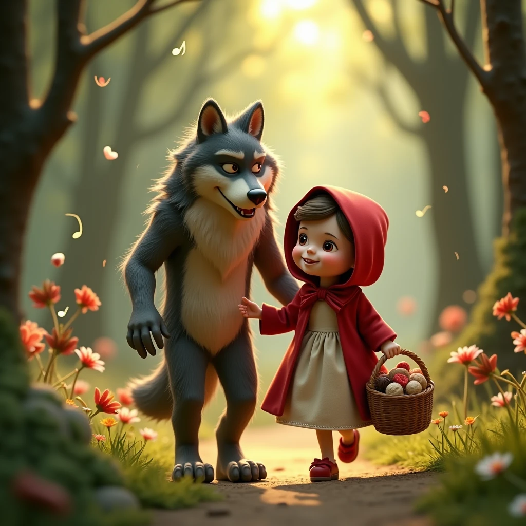 3D animation, theme is "Werewolf". "Werewolf" and "Little Red Riding Hood" are walking together in the forest. Little Red Riding Hood is holding a basket full of delicious food. "Werewolf" is singing a song with Little Red Riding Hood. Musical notes and music notes are swirling around the two of them. Heartwarming scene. Sophisticated design. Advanced lighting technology. Live-action photo 8K quality.