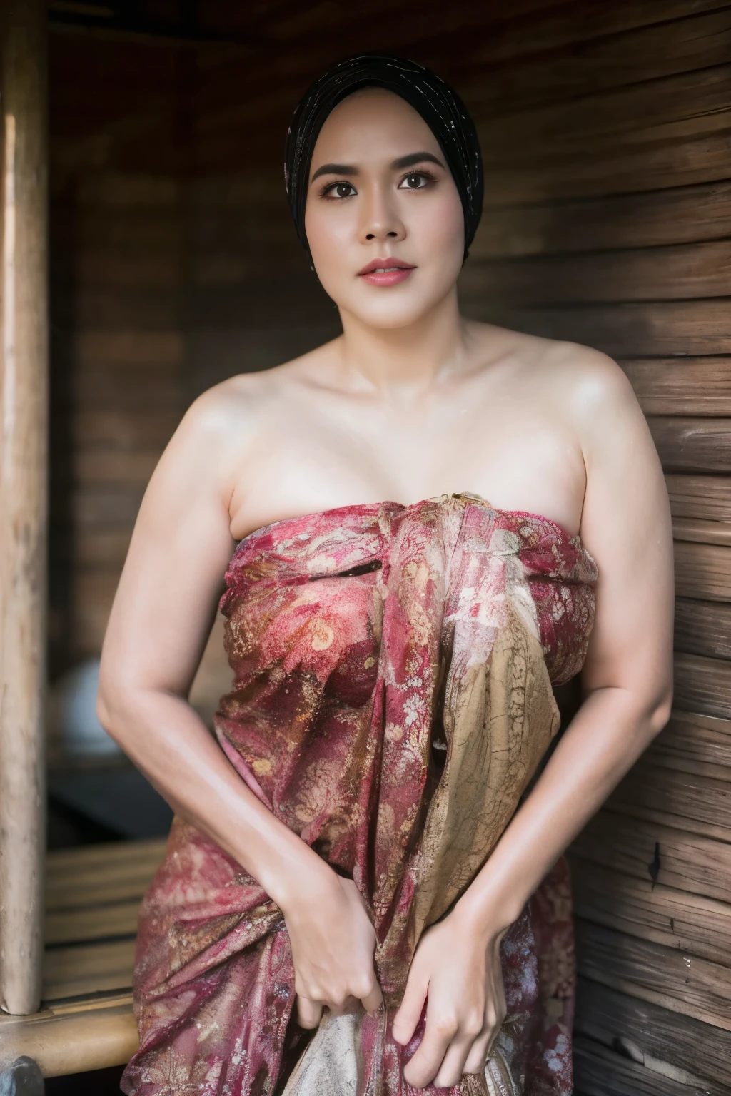 56 years Old, Hijab Indonesian mature woman, Large Hanging : 96.9, Lace Bra, Thai Sarong, Breast about To burst out from her clothes, at Onsen, High light, at daytime