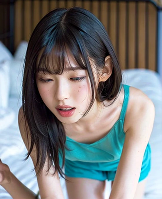    top quality, 8k,     masterpiece  : 1.3)), Beauty、     1 girl, big: 1.3,      slim abs: 1.1,     small breasts, ( sweatだく、    lies in bed ,  feet: 1.2),      Super detailed face   ,  very detailed lips,     Details  ,      double eyelid   ,  Wear a see-through tight tank top ,      wet, sweat,   orgasm face, strip,    stand on all fours,      wet体   ,     faces on the bed  ,  Red Hair、     shortcuts、  from below, ,    sexual activity with a man  ,       float on the surface of the water  , nsfw,      excited  , scream, ,      eye closed     ,  open her mouth ,      hotel room,     anatomically correct, 