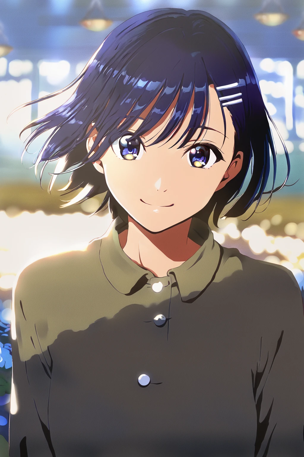 1girl,solo,looking at viewer,smile,short hair,blue eyes,  cinematic lighting and shadow,Yamada ryo, bocchi the rock