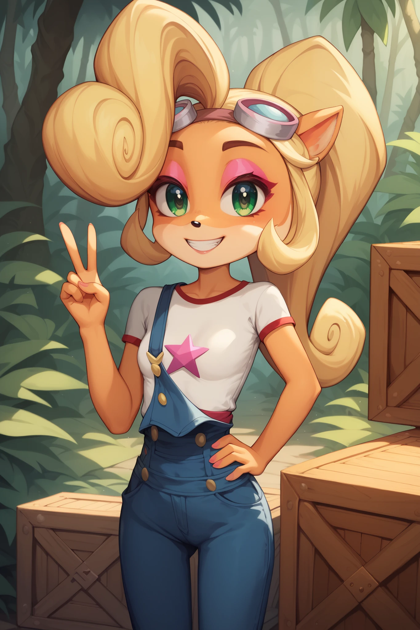 ((Coco bandicoot)), ((masterpiece)), ((cartoon style)), ((rendered art)), ((solo portrait)), ((waist up)), {(slim figure), (eccentuated curves), (small breasts), (orange fur), (black nose), (yellow hair), (curly ponytail), (curly bang), (cute green eyes), (reflection in eyes), (long lashes), (pink eyeshadow), (cute grin)}, {(white tee shirt with red trim), (single strap blue overalls), (goggles on head)}, {(hand on hip), (peace sign), (looking at viewer)}, ((tropical forest)), ((crates))