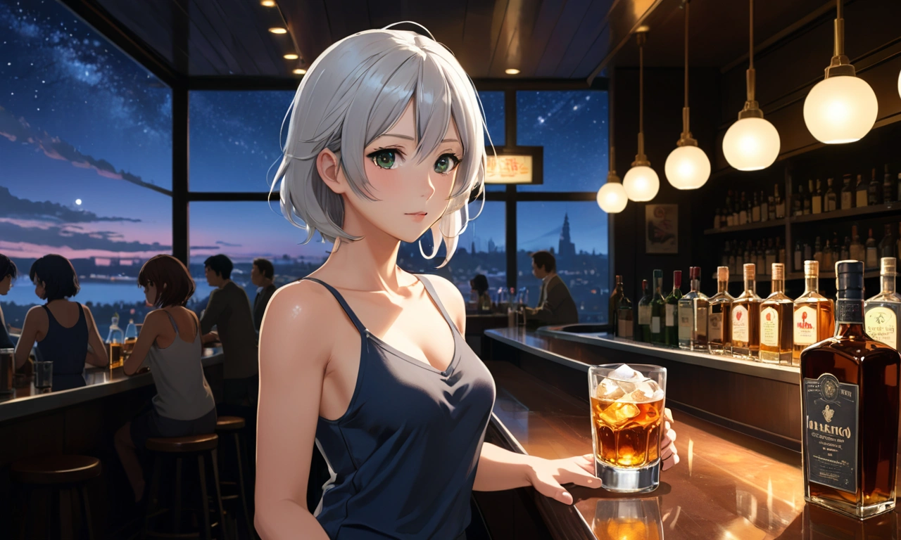 Uses Makoto Shinkai&#39;s depiction perfectly,Portrait of Alica Schmidt,8k 4k masterpiece photo ,new york,A jazz bar with a glass ceiling,The twinkling stars can be seen through the glass windows.,It&#39;s a dark night outside,Jazz is playing,The face is beautiful,Long Hair,Silver Hair,Look here,Standing alone at the counter,A glass of whiskey in front of me１There are、Cute white tank top dress,The bust is large,Different store,Draw a woman using the same composition as the previous painting