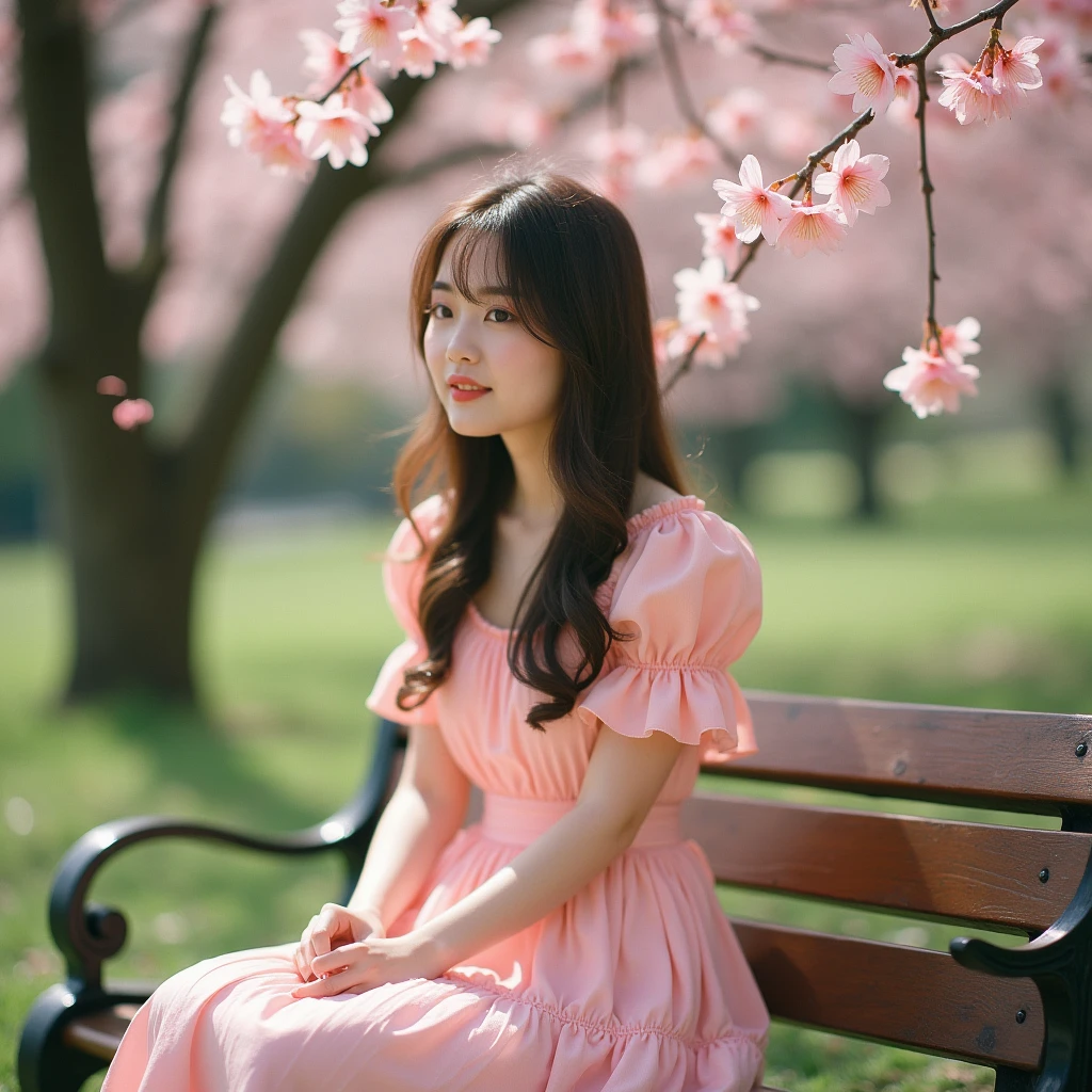 A beautiful girl from myanmar is sitting under the sakura tree