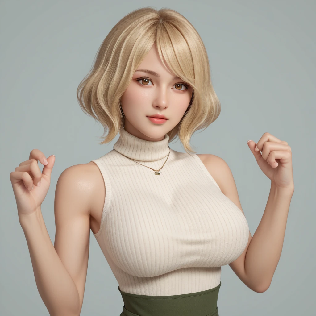 (8k,  top quality,   Masterpiece :1.3), pose, 1 girl,  very beautiful face  , random expression ,ＪＫ_ style for stilets ,(Age 19),Big Breasts,re4r_ashley,short hair,blonde hair,brown eyes, bangs, necklace, orange sweater, sleeveless turtleneck, Green miniskirt, pantyhose