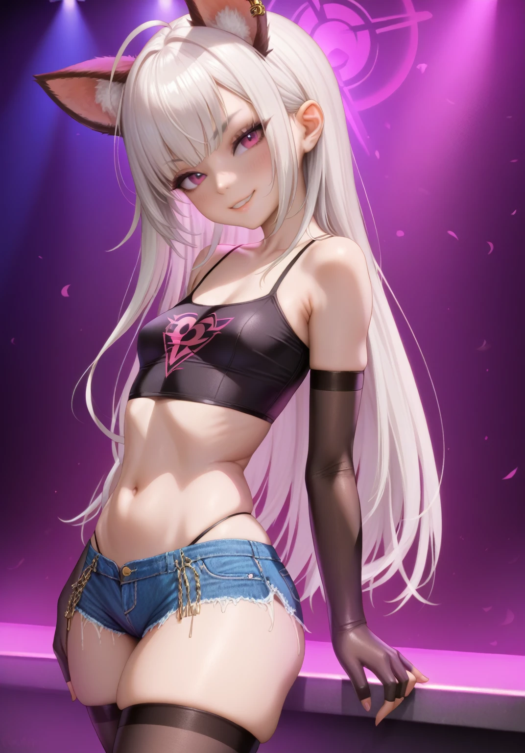 score_9, score_8_up, score_7_up, masterpiece, best quality, highly sexual poses, elinsdxl ,elinxl,1girl,solo, small animal ears, white hair, long hair, looking at viewer, skin indentation, blush, evil smile, smug, small breasts, crop top, short shorts, wide hips, thick thighs, elbow gloves, thigh highs, short, shortstack, dynamic pose, curvy, photorealistic,perfect face, narrow shoulders, SakimiStyle, nightclub,
