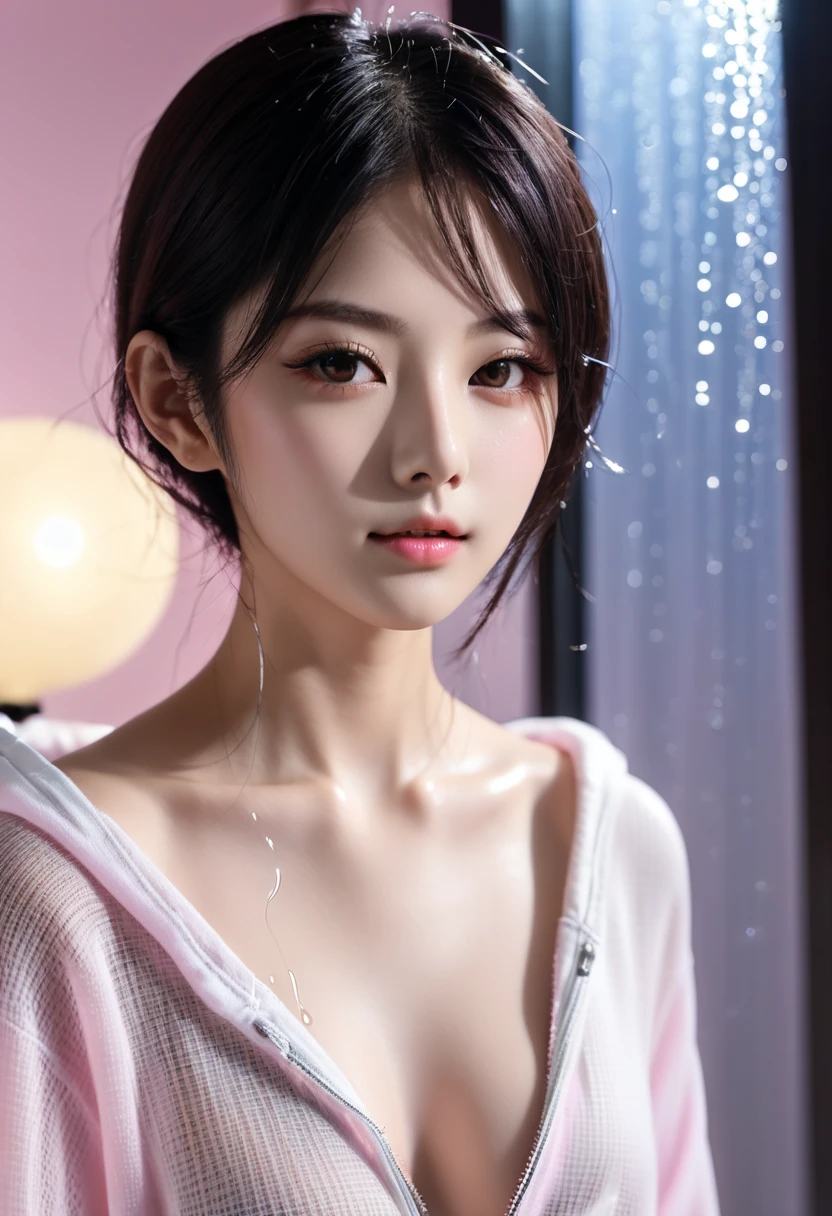 (8K, Photorealistic, Raw photo, of the highest quality: 1.3), (1girl in), Super beautiful, (Realistic face), (boyish, Silver Color Berry Shorthair), Beautiful , Glare that captivates the viewer, Beautiful expression, Beautiful breasts, (Realistic skin), Beautiful, without cloths, pink nipples, pink lips, without bra, bib