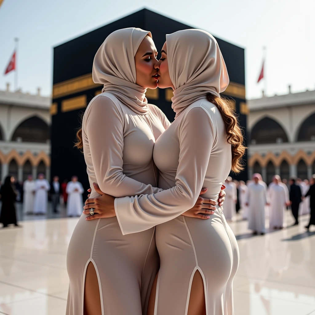 Interfaith marriage. Naked indian man marrying hijabi arab muslim girl in abaya.