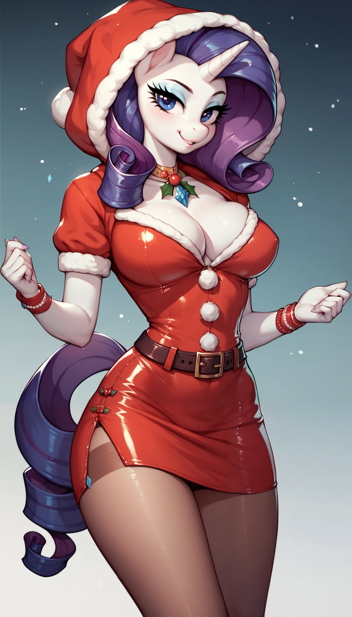 score_9, score_8_up, score_7_up, Rarity, mlp, anthro, 1girl, purple eyes, solo, two curly top hair with hair strands on the side, tight body suit pantyhose, soft breasts, cleavage, jewellery, 1girl, solo, Christmas, (hood with white fur), skirt