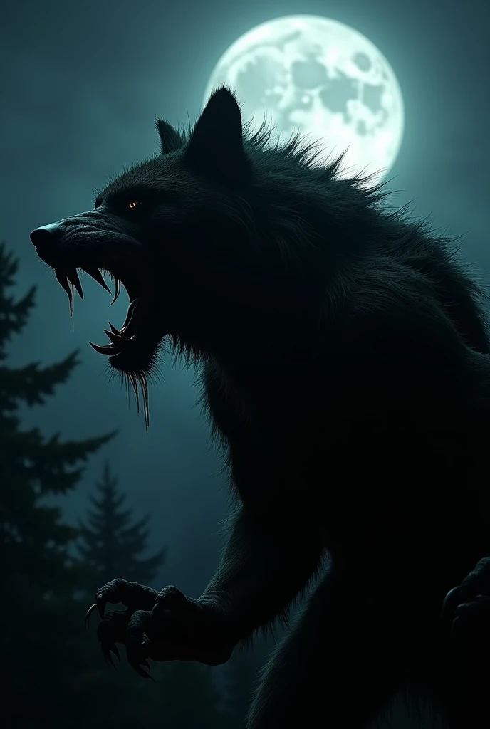 Realistic, theme is "Werewolf", "Werewolf" howling at the moon in the dark, struggling with hands towards the sky, drool dripping from his wide-open mouth, horror scene, focus on werewolf's mouth, emphasize powerful sense of fear, sophisticated design, advanced lighting technology, live-action photo 8K quality