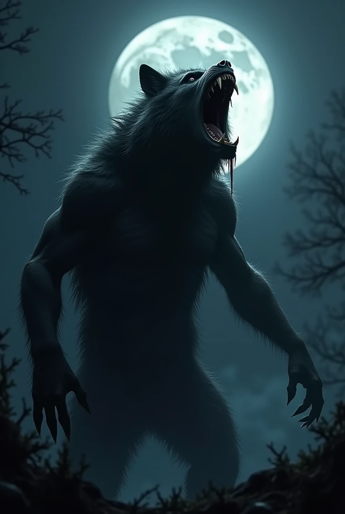 Realistic, theme is "Werewolf", "Werewolf" howling at the moon in the dark, struggling with hands towards the sky, drool dripping from his wide-open mouth, horror scene, focus on werewolf's mouth, emphasize powerful sense of fear, sophisticated design, advanced lighting technology, live-action photo 8K quality