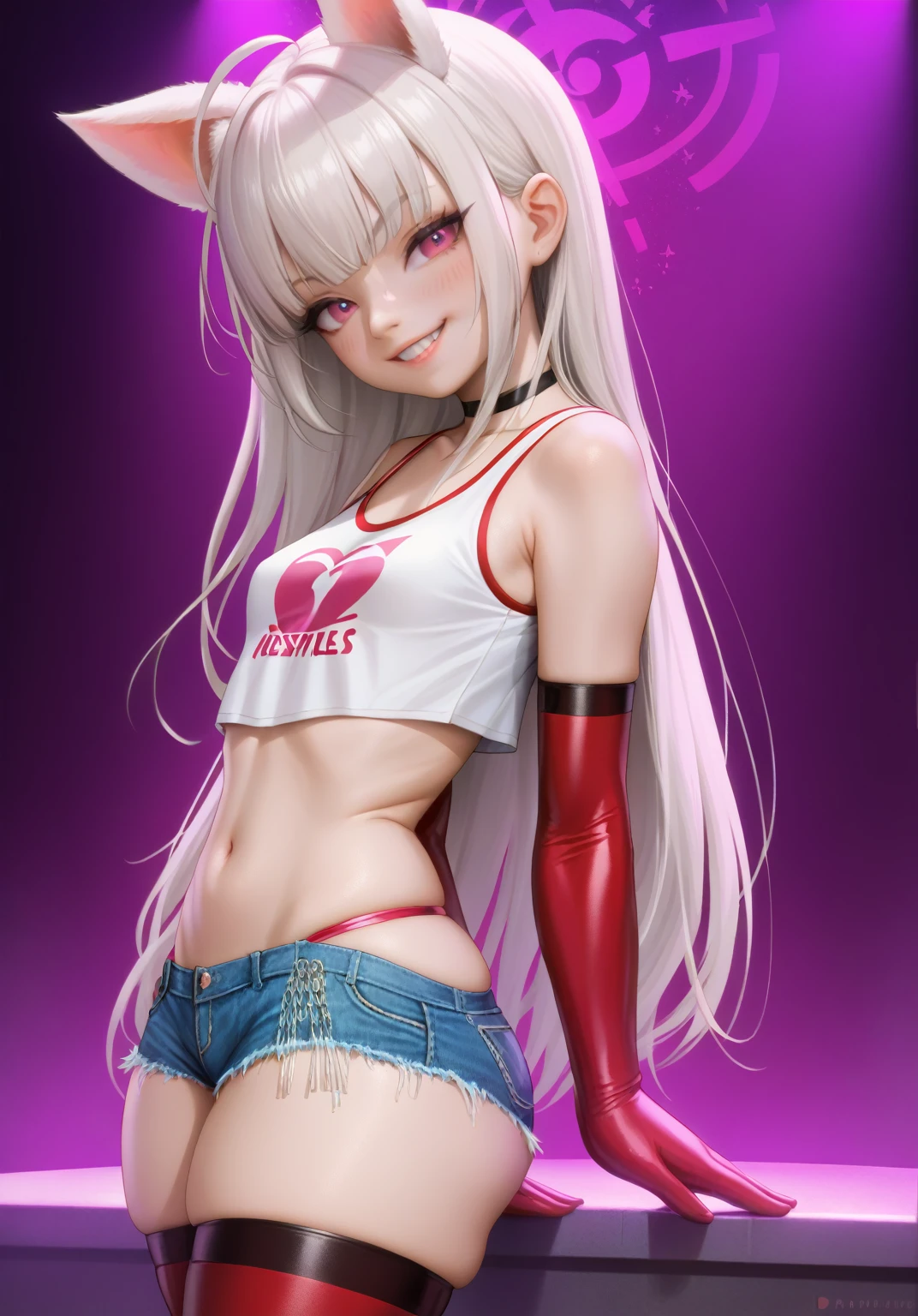 score_9, score_8_up, score_7_up, masterpiece, best quality, highly sexual poses, elinsdxl ,elinxl,1girl,solo, small animal ears, white hair, long hair, looking at viewer, skin indentation, blush, evil smile, smug, small breasts, crop top, short shorts, wide hips, thick thighs, elbow gloves, thigh highs, short, shortstack, dynamic pose, curvy, photorealistic,perfect face, narrow shoulders, SakimiStyle, nightclub,
