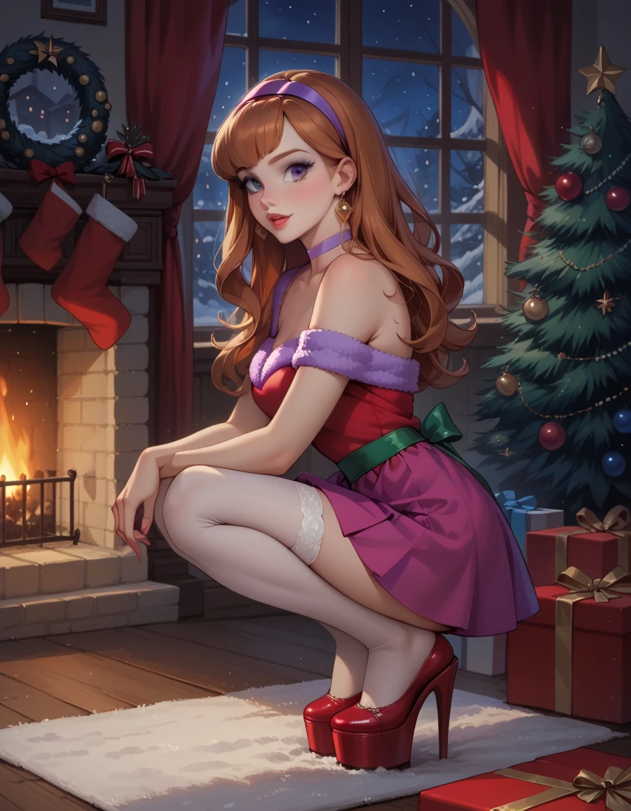 score_9, score_8_up, score_7_up, 1girl, solo, beautiful waifu, thicc, (Daphne Blake:1.2), wearing (sexy Mrs Clause minidress:1.2), (red dress, off shoulder dress, short dress:1.1), (white thighhighs:1.1), (plain choker:1.1), platform heels, detailed eyes, detailed face, flirt, (sexy pose:1.2), in cozy winter lodge, living room, fireplace, crouching in front of Christmas tree, Christmas these, Christmas decorations, wrapped presents, lowlight, (night:1.3), perfect hands, perfect anatomy, (side view:1.2).