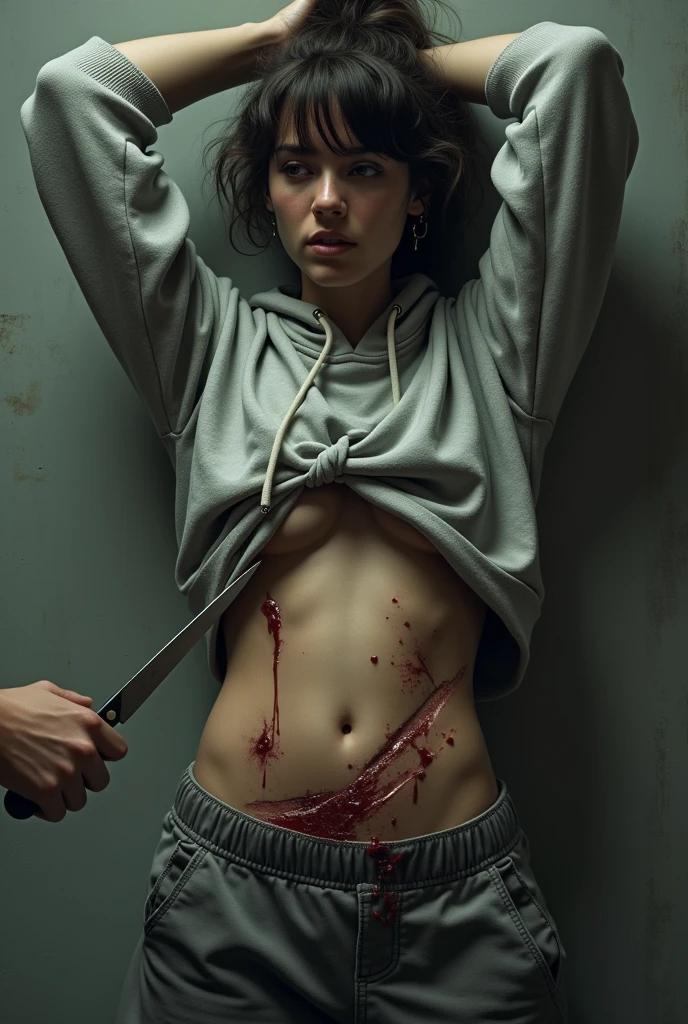 Perfect eyes and face, normal limbs, A female victim of kidnapping, rape, abuse, accident victim, body covered in bloody wounds, slashed body, a sex slave, bleeding vagina, body tied up, in a dark room, crying in fear, wearing a hijab, at night, nude, naked, full body, slim body