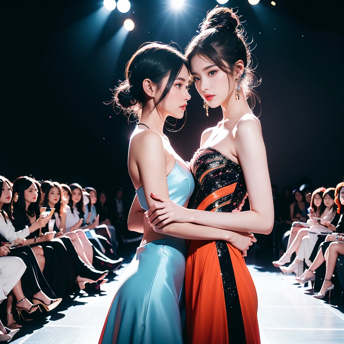 (best quality,highres,ultra-detailed),(realistic:1.37),2 girls,waltz dance,booking,dance hall background,illustration,detailed eyes,detailed lips,fine details,luxurious atmosphere,vibrant colors,elegant dresses,beautiful hair,graceful movements,romantic setting,soft lighting,classic artwork texture