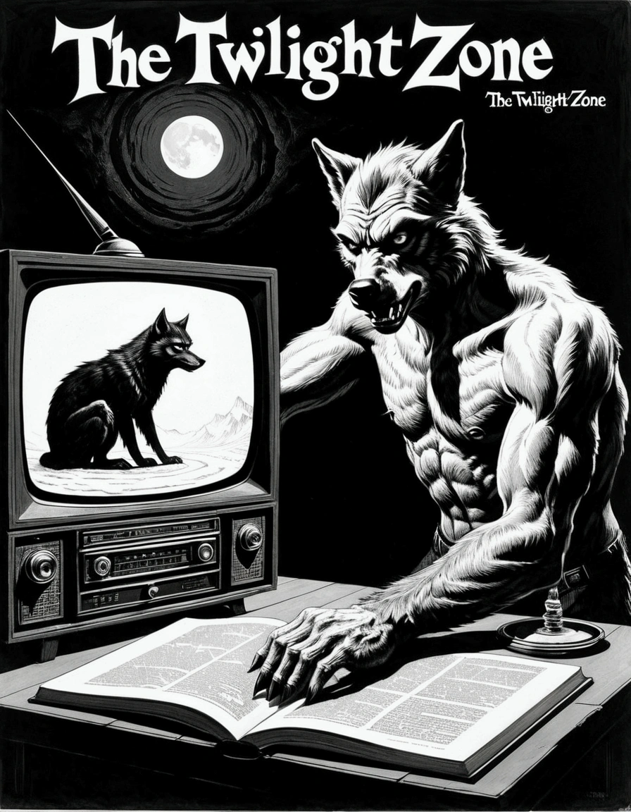 Werewolf.  Monochrome, Display the words "The Twilight Zone", queerish, hackneyed, peculiar, strange screen effects, Scratchboard, Intricate work reminiscent of copperplate prints. by Frank Frazetta, Hannes Bok. pulp fiction, Book Cover Design, Postmodern allegory, Vintage Processing. trippy footage, analog film texture, Mayonaka TV