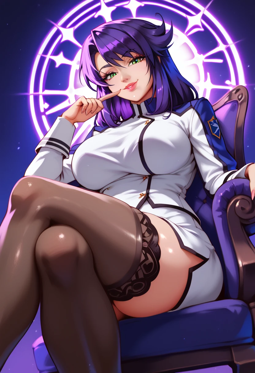 Mature Woman,1 person(((Sexy female soldier))),(((uniform,Tight Skirt,High heels,Fishnet tights,Uniform cap,latex,garter belt))),(Detailed Description, High resolution，8k wallpaper，masterpiece，Highest quality,Depth of region,Anatomically accurate depiction,A face with attention to detail, Eye for detail,Nice hands, Perfect Fingers,eyelash,(Intensely glowing purple eyes,Narrow eyes,Sidelong glance,There is cleavage in the chest,A seductive smile,Pink Lips,Seductive pose),(Glowing Skin、Shiny skin、Oilskin),Perfect body,Curvy Legs,(whole body),background:bed