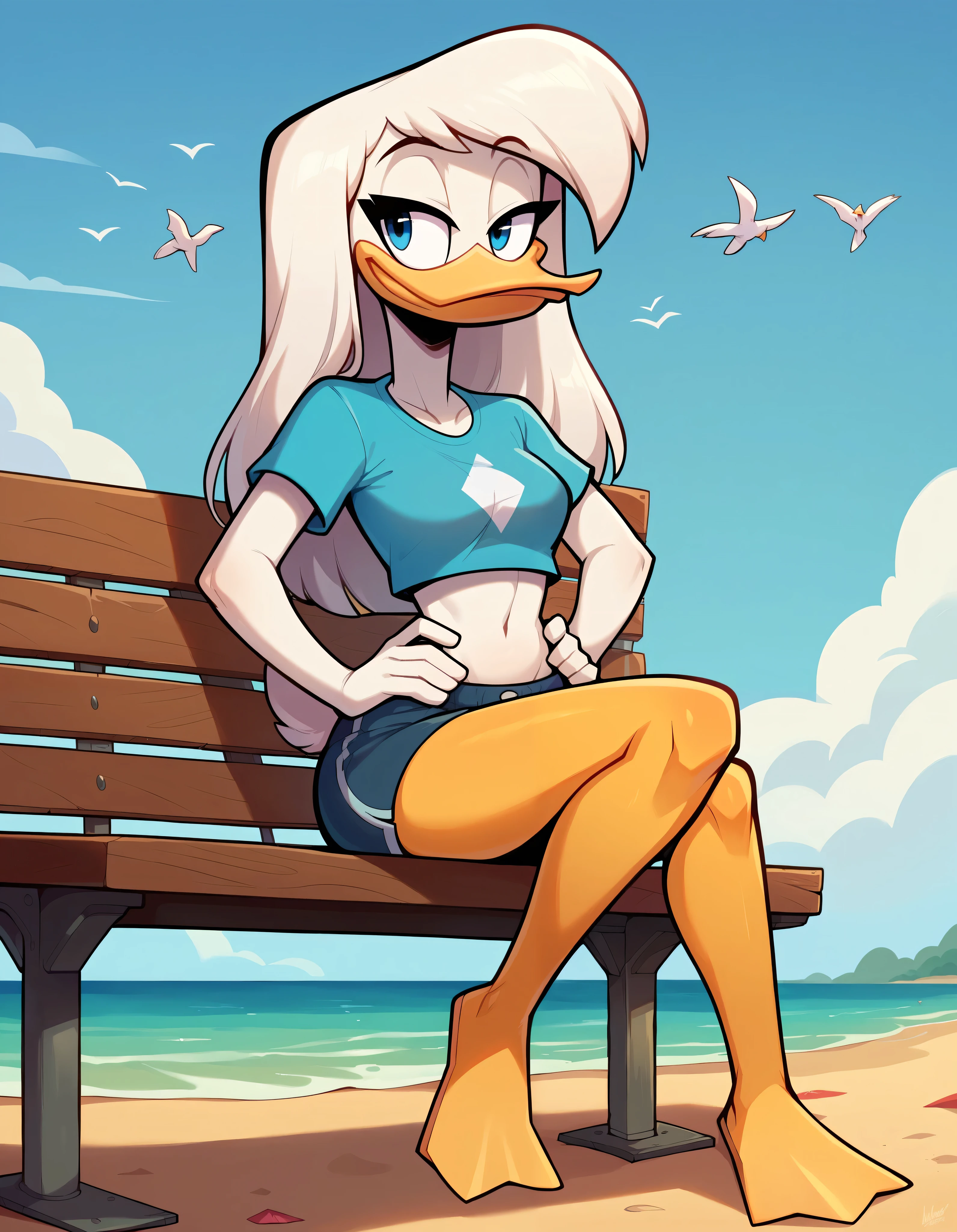 score_9, score_8_up, score_7_up, score_6_up, 1girl, source cartoon, della duck, ducktales, duck, beak, bird, white skin, white body, long hair, hair, white hair, female, orange legs, webbed feet, medium chest, detailed skinny torso, crop top white shirt, beach, sunny, blue sky, sitting, bench, winking, sexy, bedroom eyes, cute, hands on hip  