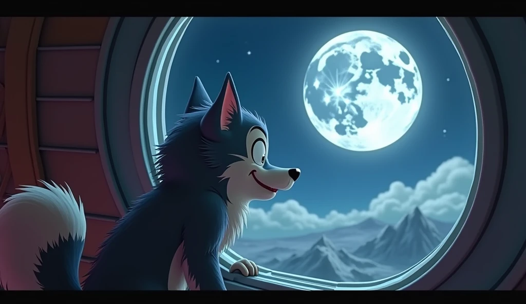 3D animation, theme is "Werewolf", "Werewolf" is on a rocket heading to the moon, craters on the moon can be seen from the rocket window, "Princess Kaguya" is waving from inside the crater, "Werewolf" is in a good mood, comical scenes, sophisticated design, advanced lighting technology, 8K quality