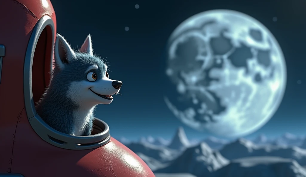 3D animation, theme is "Werewolf", "Werewolf" is on a rocket heading to the moon, craters on the moon can be seen from the rocket window, "Princess Kaguya" is waving from inside the crater, "Werewolf" is in a good mood, comical scenes, sophisticated design, advanced lighting technology, 8K quality